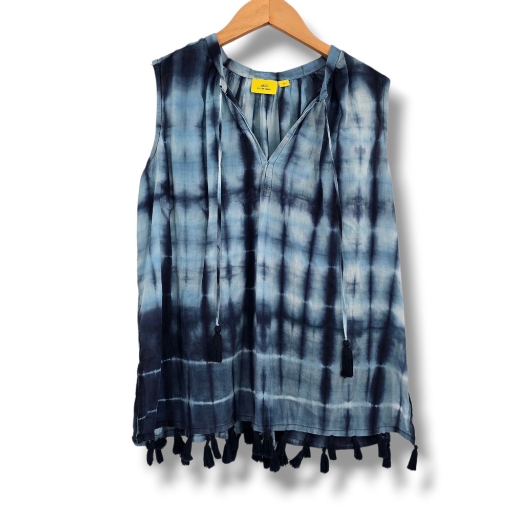 Roller Rabbit Blue Shibori Tie Dye Cotton Tassel Tunic Sleeveless Top Size XS